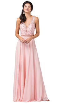 Blush V-Neck Chiffon Formal Dress with Embroidered Bodice