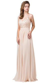 Champagne V-Neck Chiffon Formal Evening Dress with Embroidery