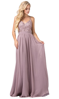 Mocha V-Neck Chiffon Formal Evening Dress with Embroidery