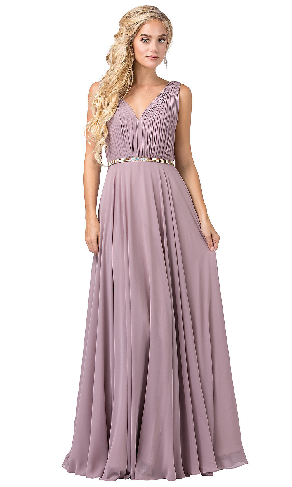 Mocha Pleated-Bodice Chiffon Formal Dress with Beaded Belt