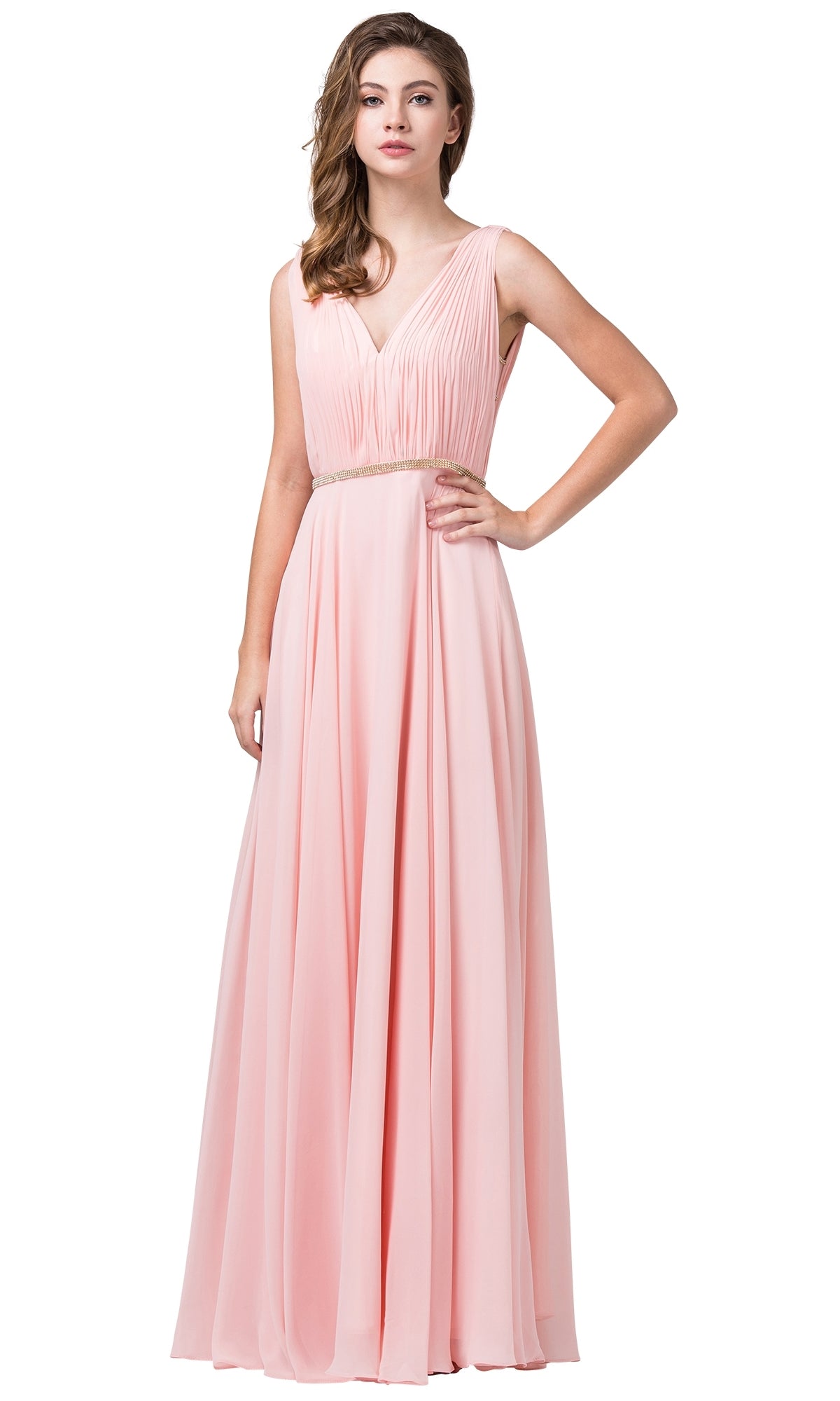 Blush Pleated-Bodice Chiffon Formal Dress with Beaded Belt