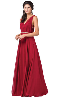 Burgundy Pleated-Bodice Chiffon Formal Dress with Beaded Belt