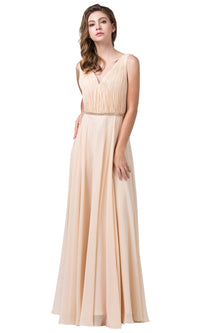 Champagne Pleated-Bodice Chiffon Formal Dress with Beaded Belt
