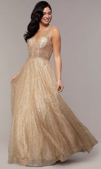 Gold Open-Back Glitter Formal Evening Dress with Pockets