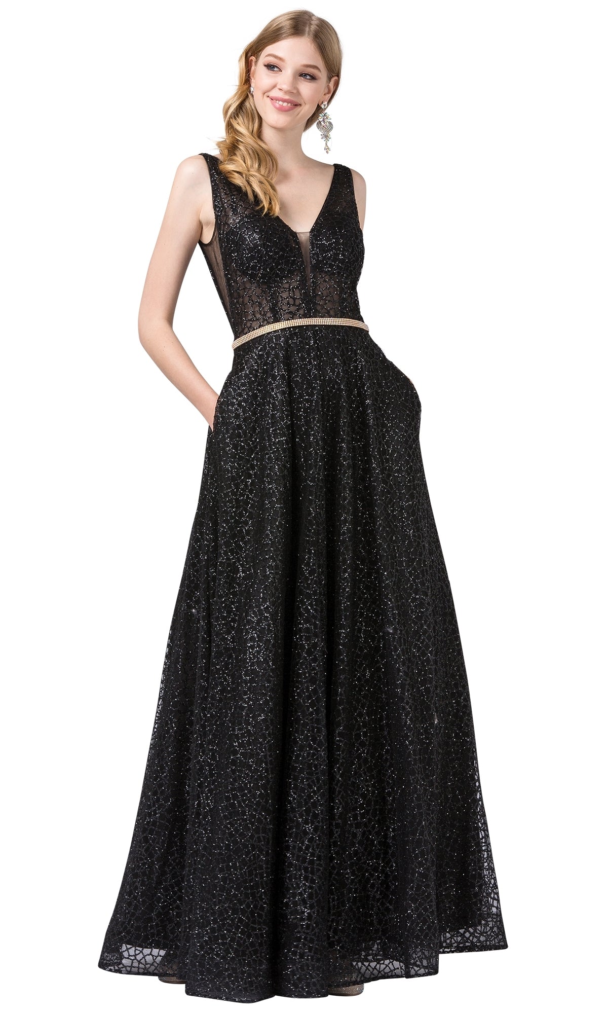 Black Open-Back Glitter Formal Evening Dress with Pockets