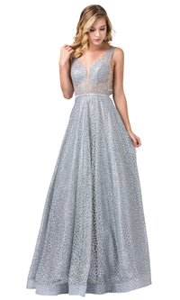 Silver Open-Back Glitter Formal Evening Dress with Pockets