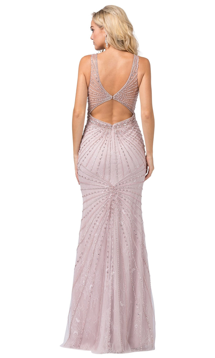 Dusty Pink High-Neck Long Lace Formal Prom Dress with Beading