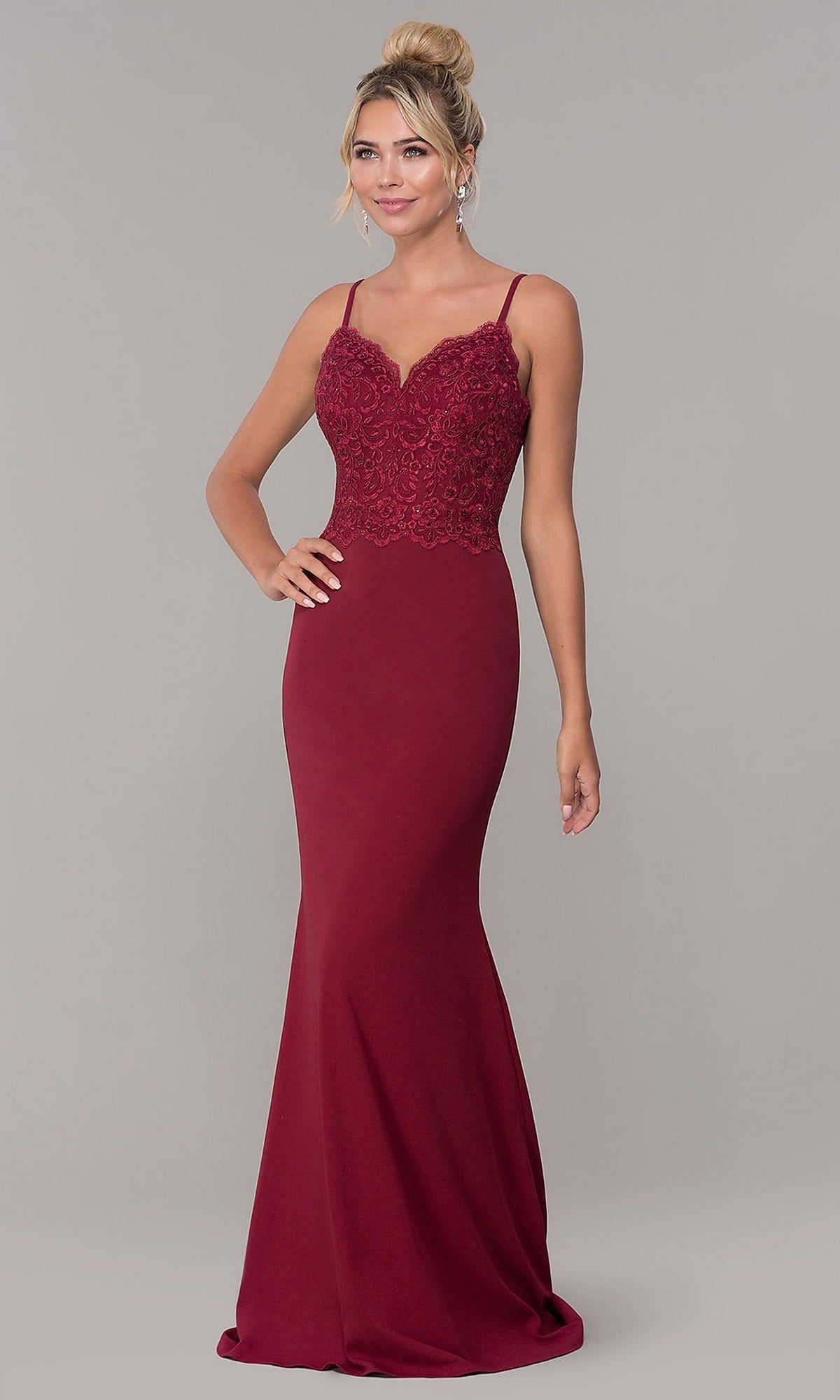Burgundy Sheath Formal Evening Dress with Lace Bodice