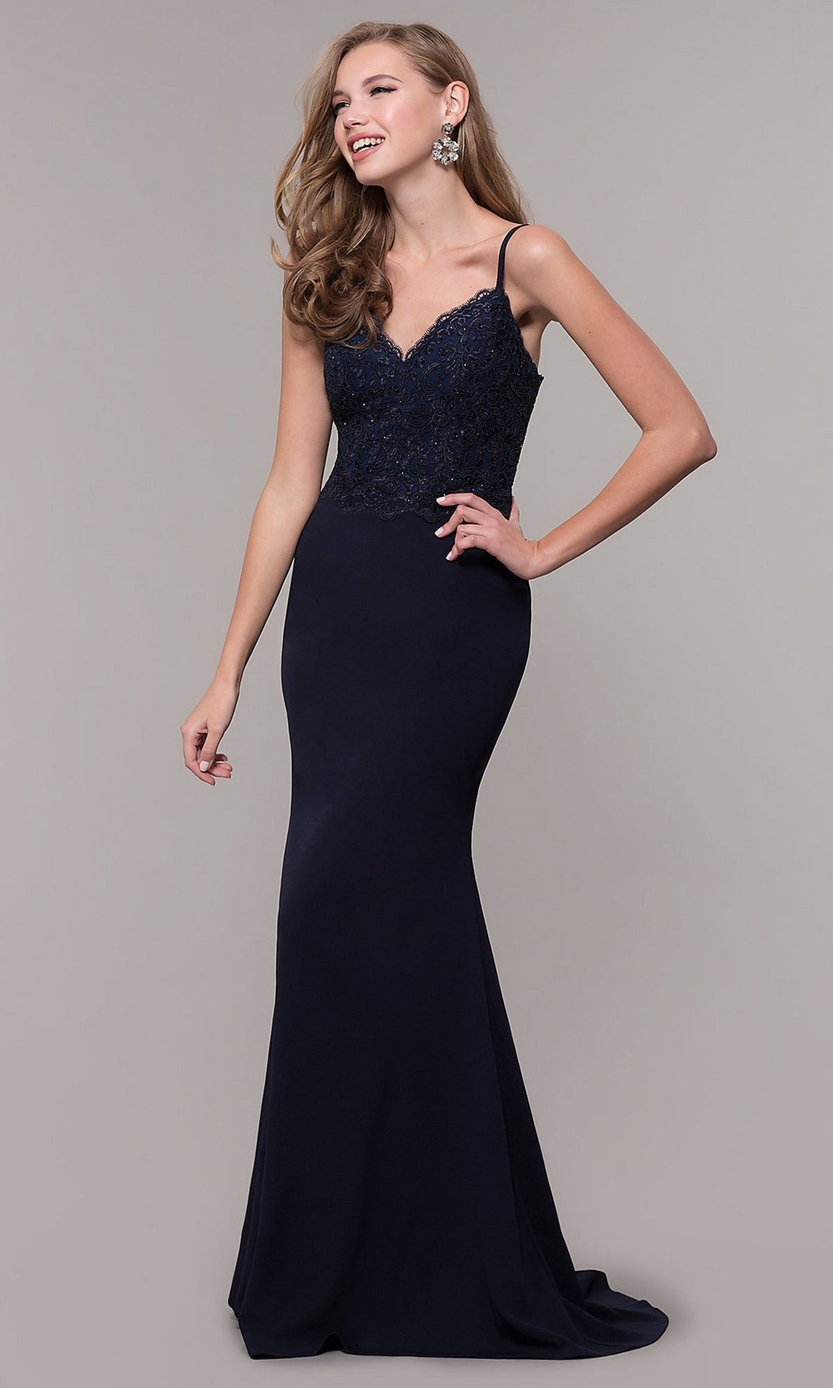 Navy Sheath Formal Evening Dress with Lace Bodice