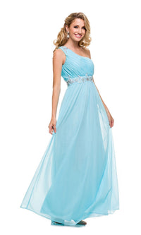 Aqua One-Shoulder Grecian-Inspired Long Formal Dress