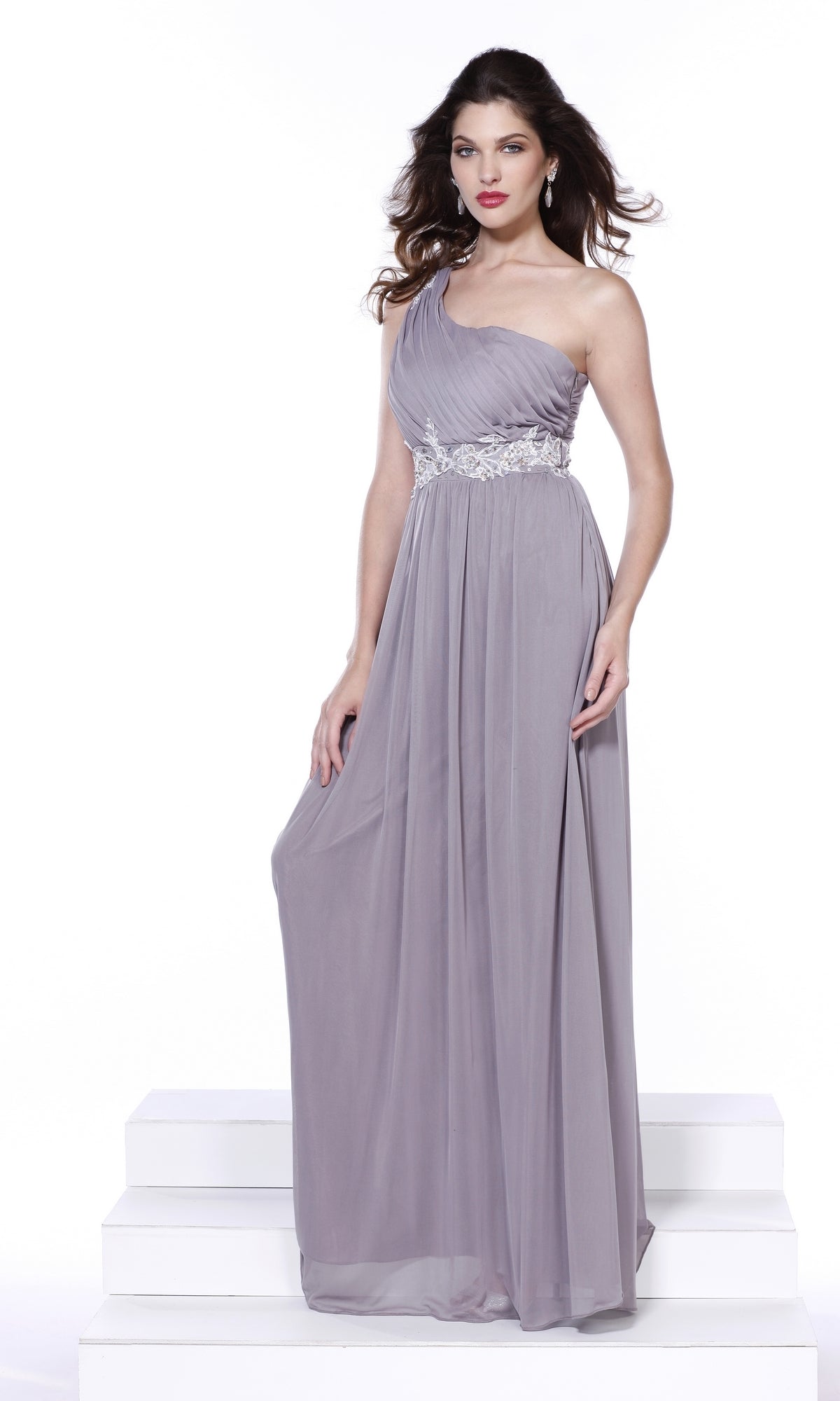 Steel One-Shoulder Grecian-Inspired Long Formal Dress