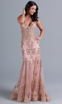  Sheer-Corset Long Prom Dress with Sequin Pattern