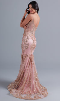  Sheer-Corset Long Prom Dress with Sequin Pattern