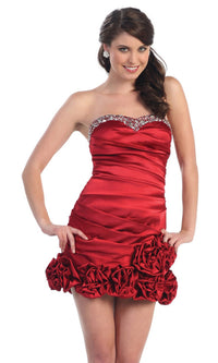 Dark Red Short Strapless Ruched Dress
