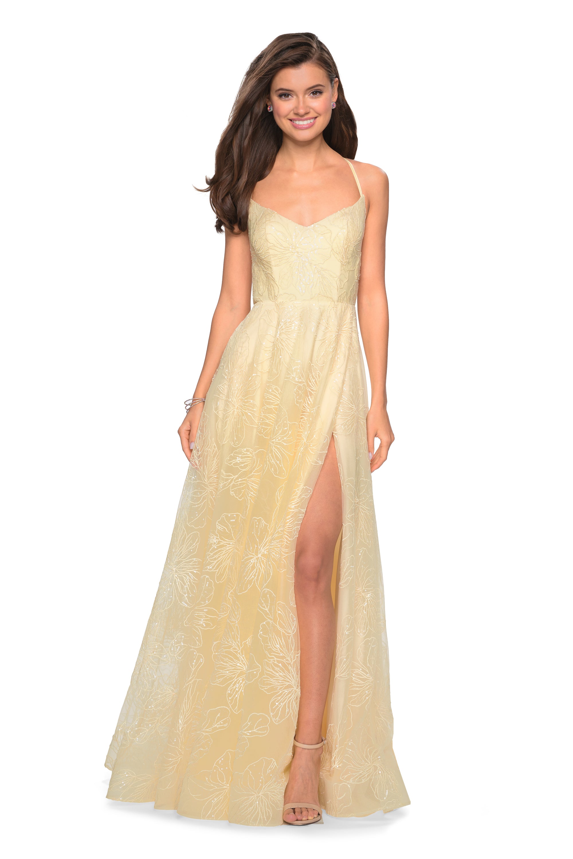 Pale Yellow La Femme Embroidered Long A-Line Formal Dress