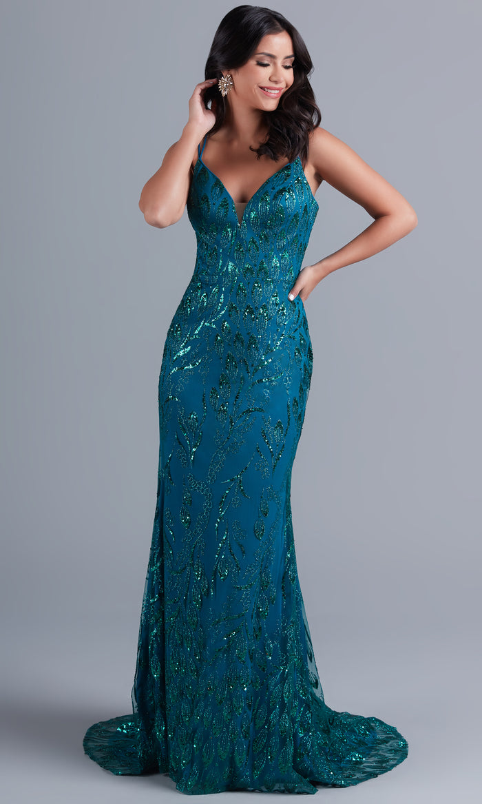 Peacock Sequin-Tulle Strappy-Back Long Formal Dress