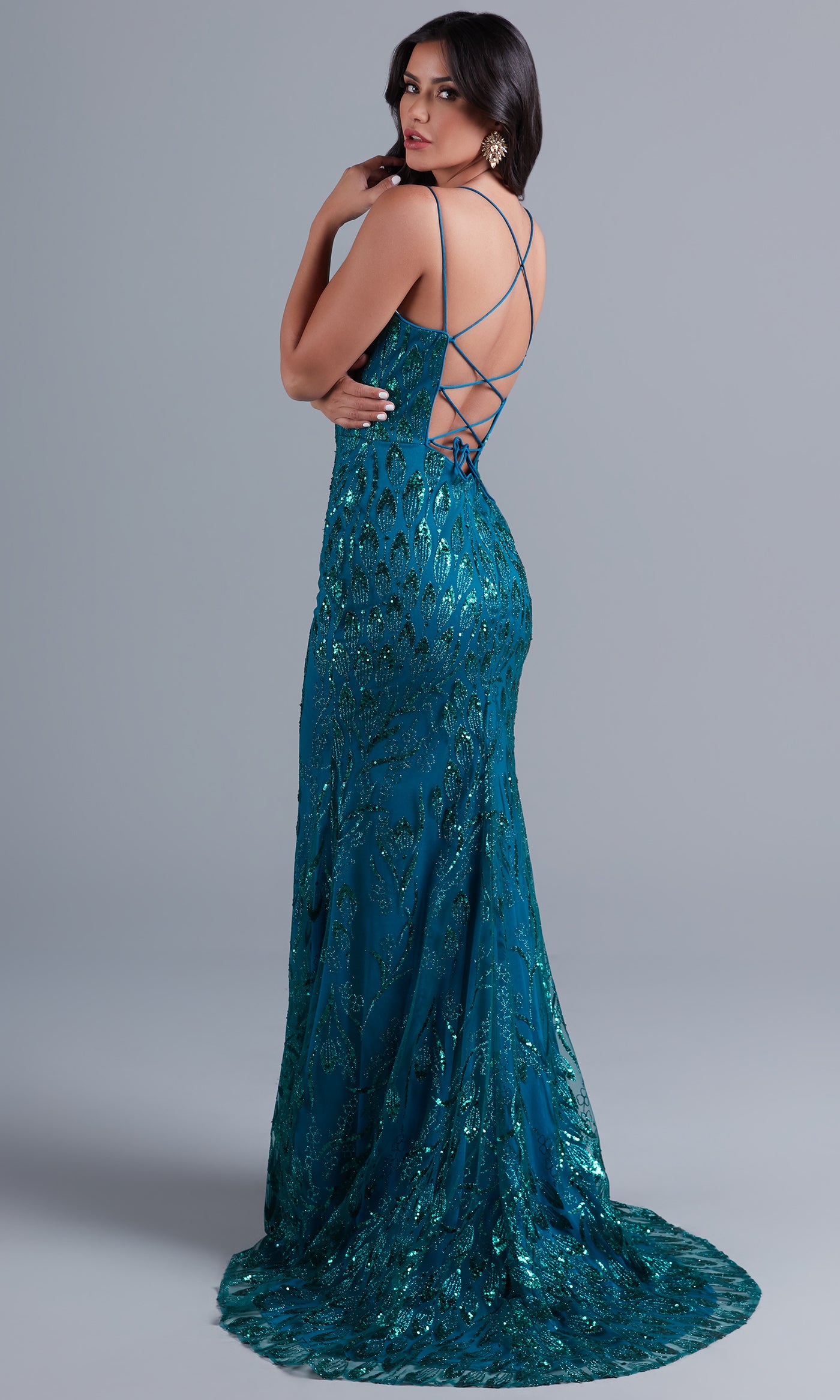  Sequin-Tulle Strappy-Back Long Formal Dress