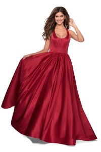Deep Red Long Open-Back Satin A-Line Formal Dress