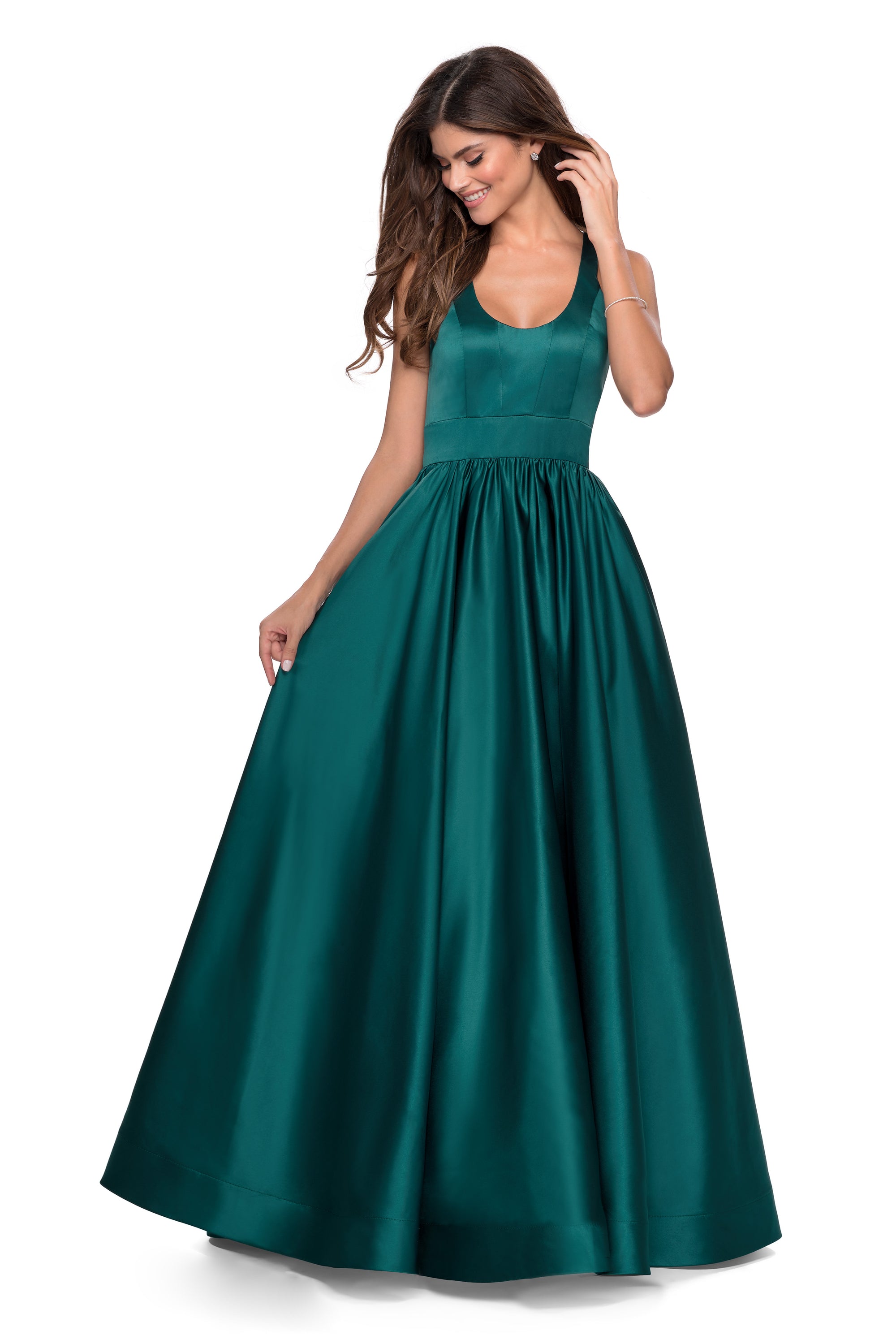Emerald Long Open-Back Satin A-Line Formal Dress