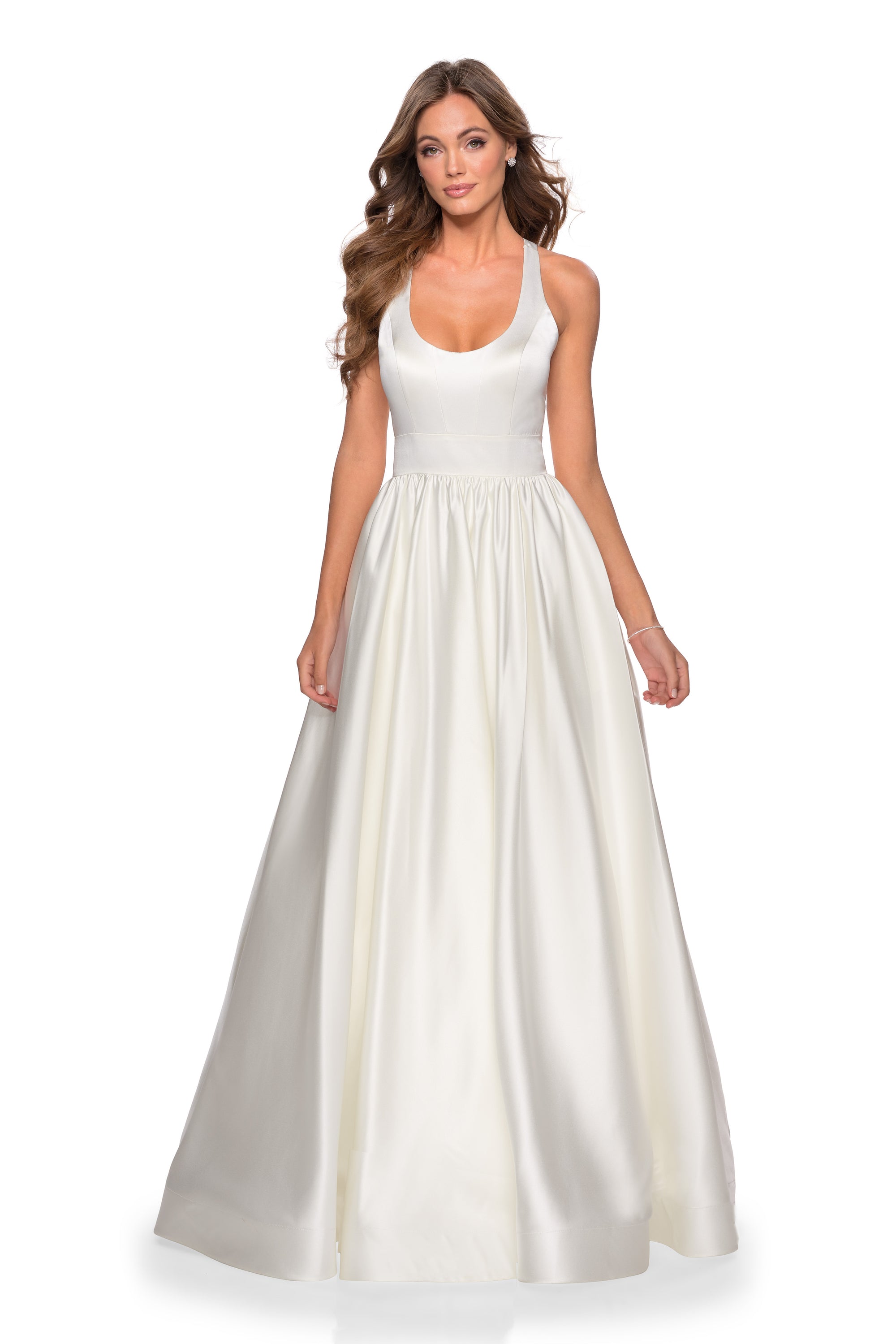 White Long Open-Back Satin A-Line Formal Dress