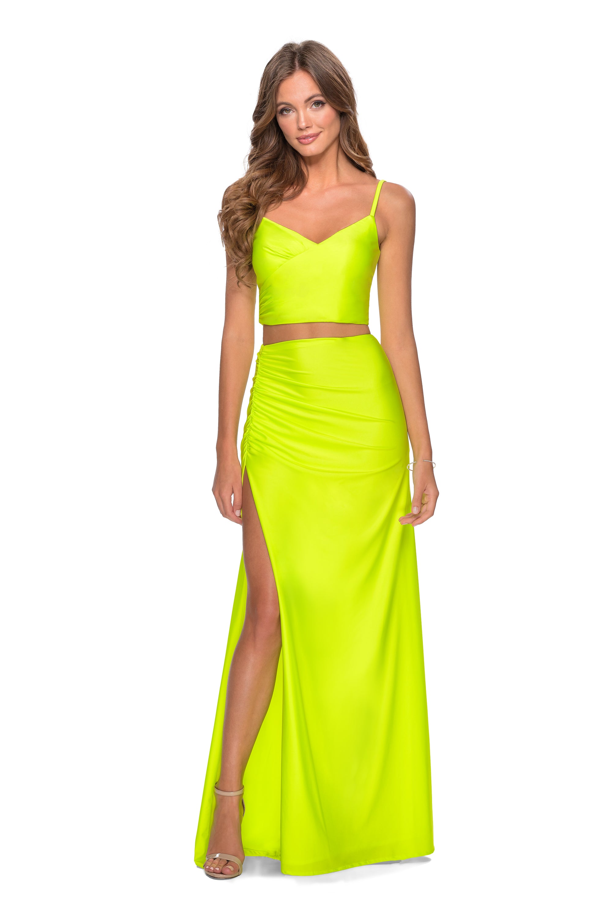 Neon Yellow Long La Femme Bright Jersey Two-Piece Formal Dress