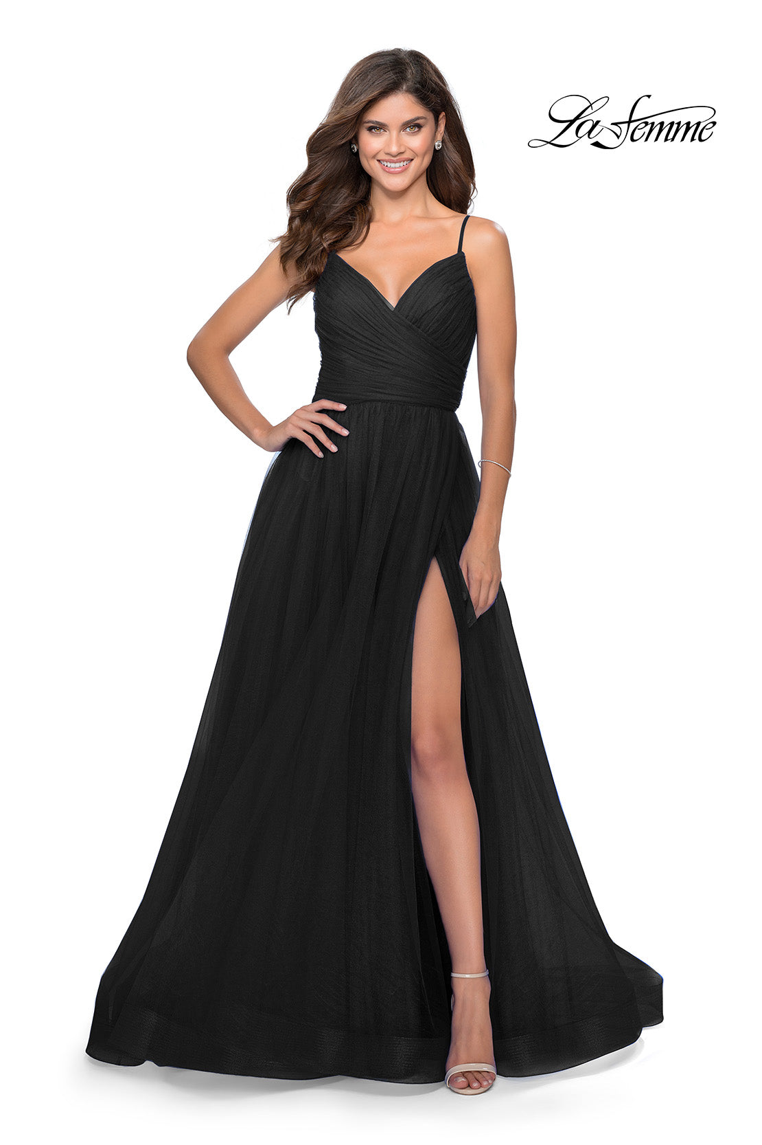Black La Femme Open-Back Long Prom Ball Gown
