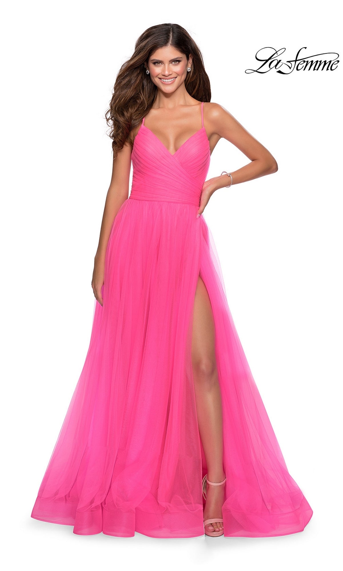 Neon Pink La Femme Open-Back Long Prom Ball Gown