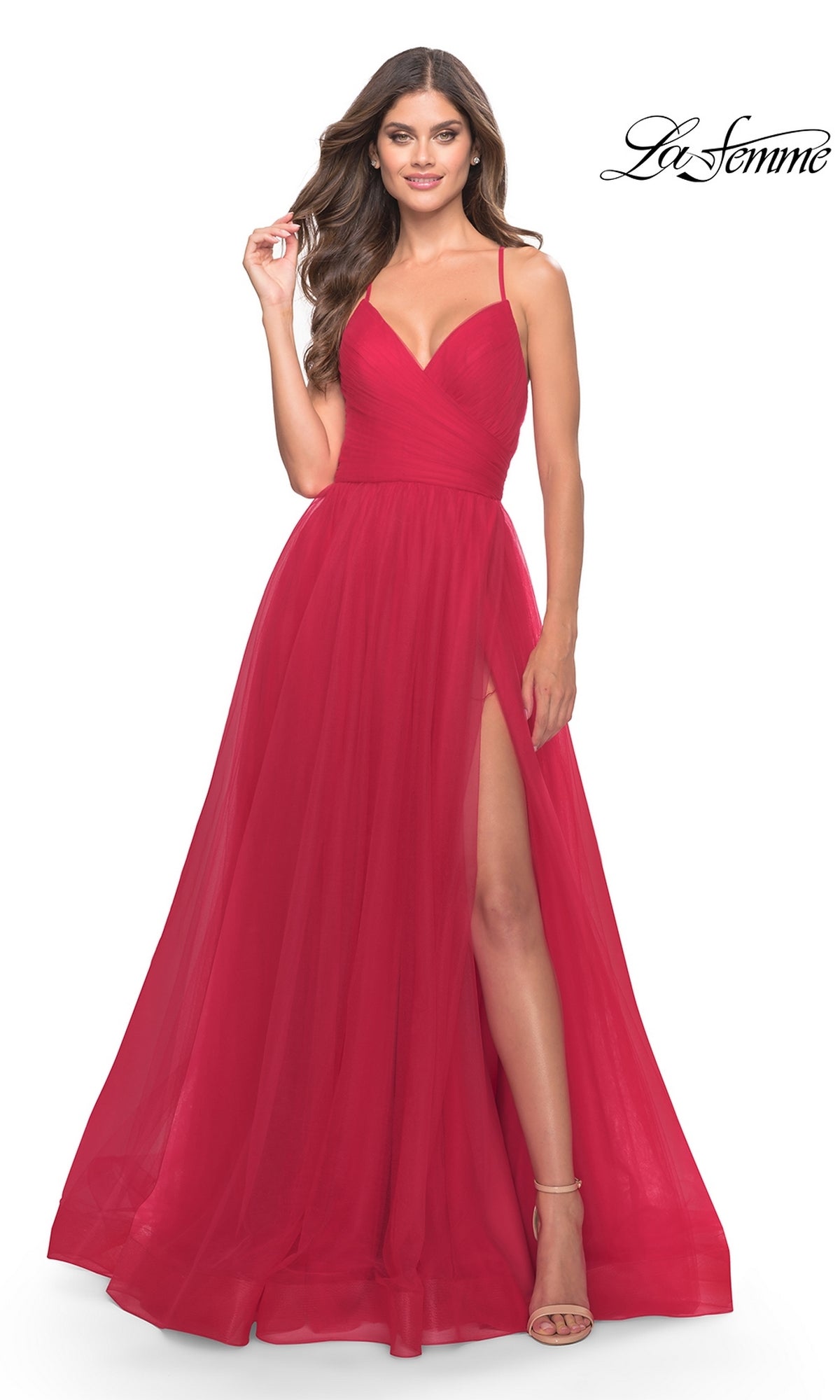 Red La Femme Open-Back Long Prom Ball Gown