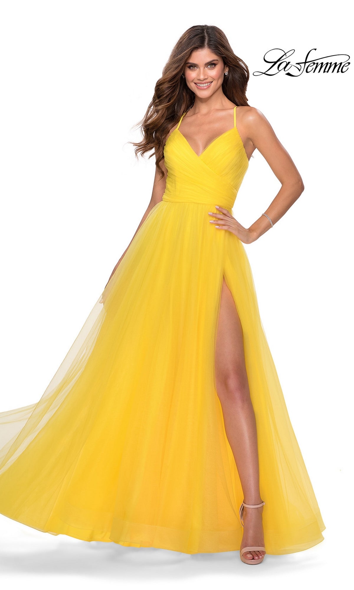  La Femme Open-Back Long Prom Ball Gown