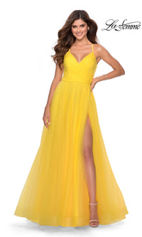 Yellow La Femme Open-Back Long Prom Ball Gown