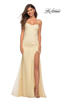 Pale Yellow Beaded-Tulle Long La Femme Formal Prom Dress