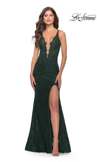 Dark Emerald La Femme Cut-Out Back Long Lace Prom Dress