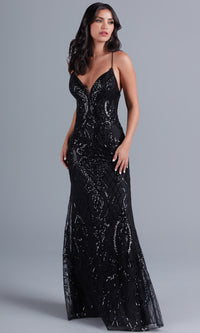 Black Sequin-Tulle Backless Long Prom Dress