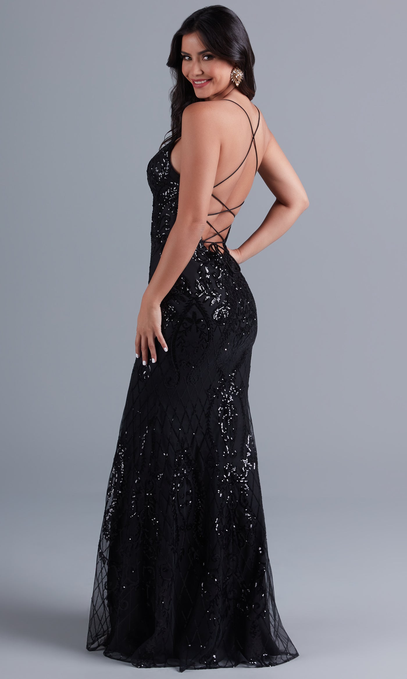 Open-back Long Prom Dress in Sequin Tulle Open-back Long Prom Dress in Sequin Tulle