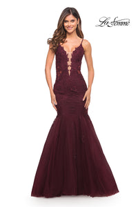 Burgundy La Femme Lace Bodice Long Mermaid Prom Dress