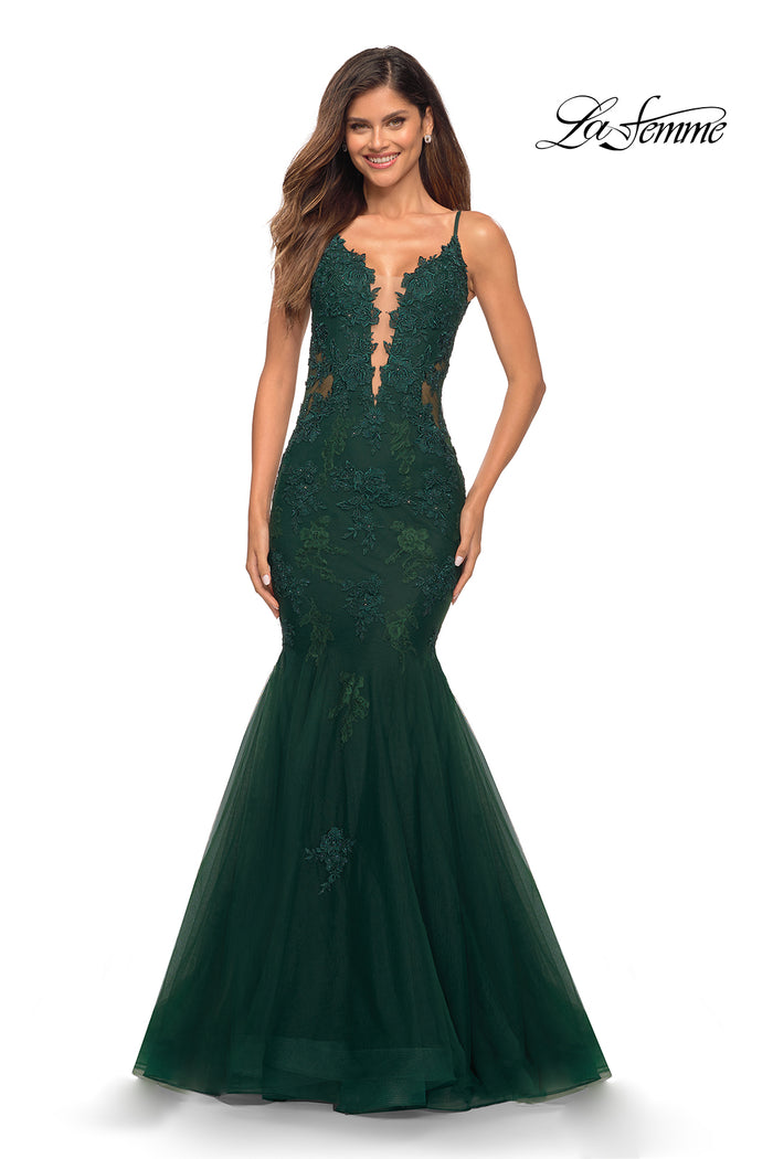 Dark Emerald La Femme Lace Bodice Long Mermaid Prom Dress