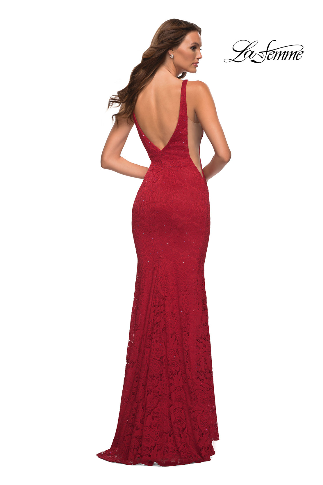  La Femme Plunging V-Neck Long Lace Prom Dress