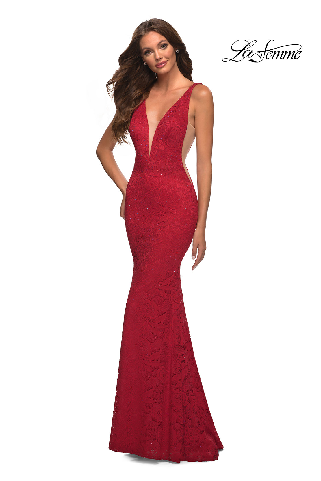 Red La Femme Plunging V-Neck Long Lace Prom Dress