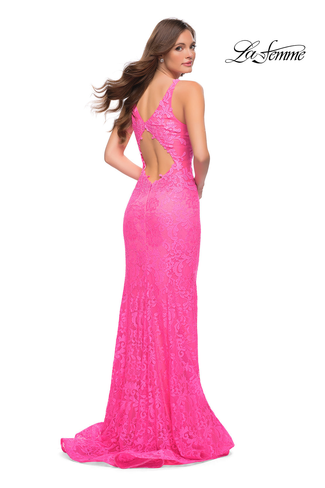 hot pink neon dress Long Neon Pink Rhinestone Prom Dress by La Femme