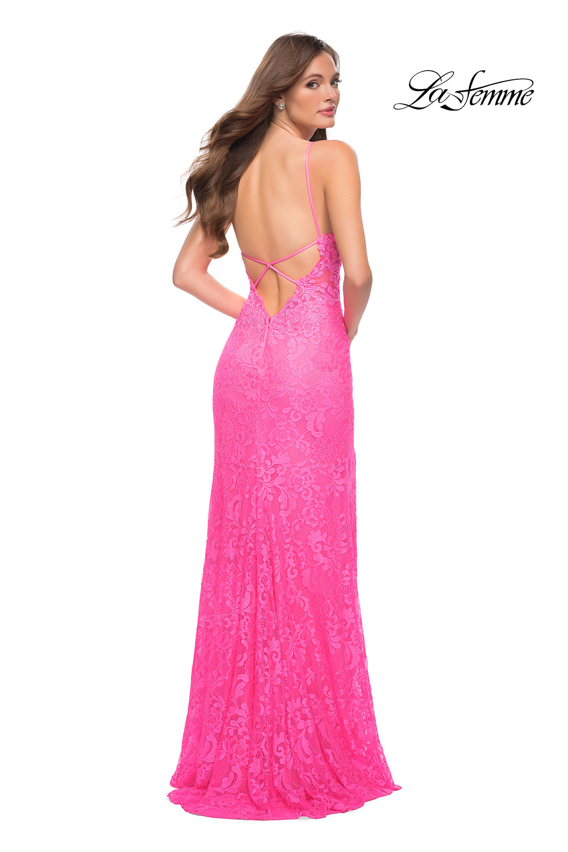 Open-Back La Femme Long Neon Lace Prom Dress -PromGirl Neon Pink / 2 Open-Back La Femme Long Neon Lace Prom Dress -PromGirl Neon Pink / 2