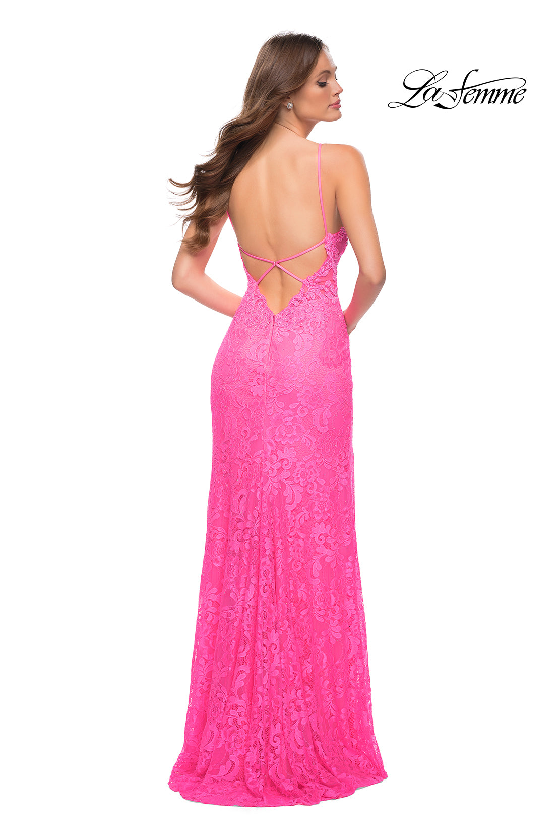  Open-Back La Femme Long Neon Lace Prom Dress
