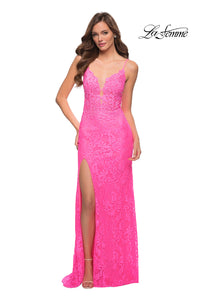 Neon Pink Open-Back La Femme Long Neon Lace Prom Dress
