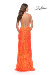  Open-Back La Femme Long Neon Lace Prom Dress