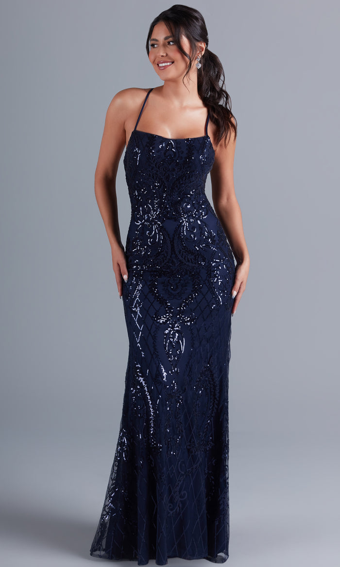 Navy Sequin-Print Long Formal Dress with Statement Back