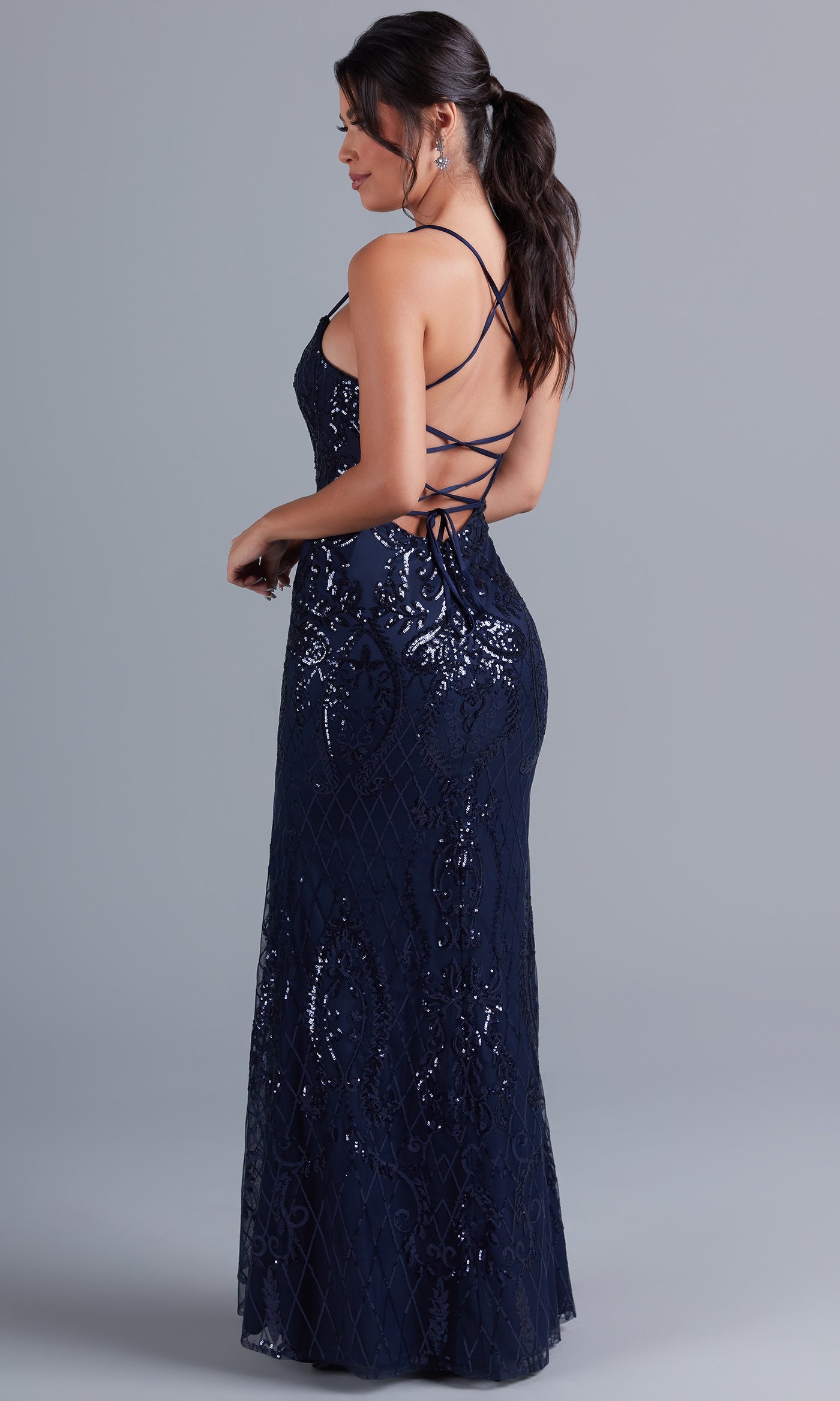  Sequin-Print Long Formal Dress with Statement Back