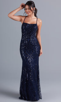  Sequin-Print Long Formal Dress with Statement Back