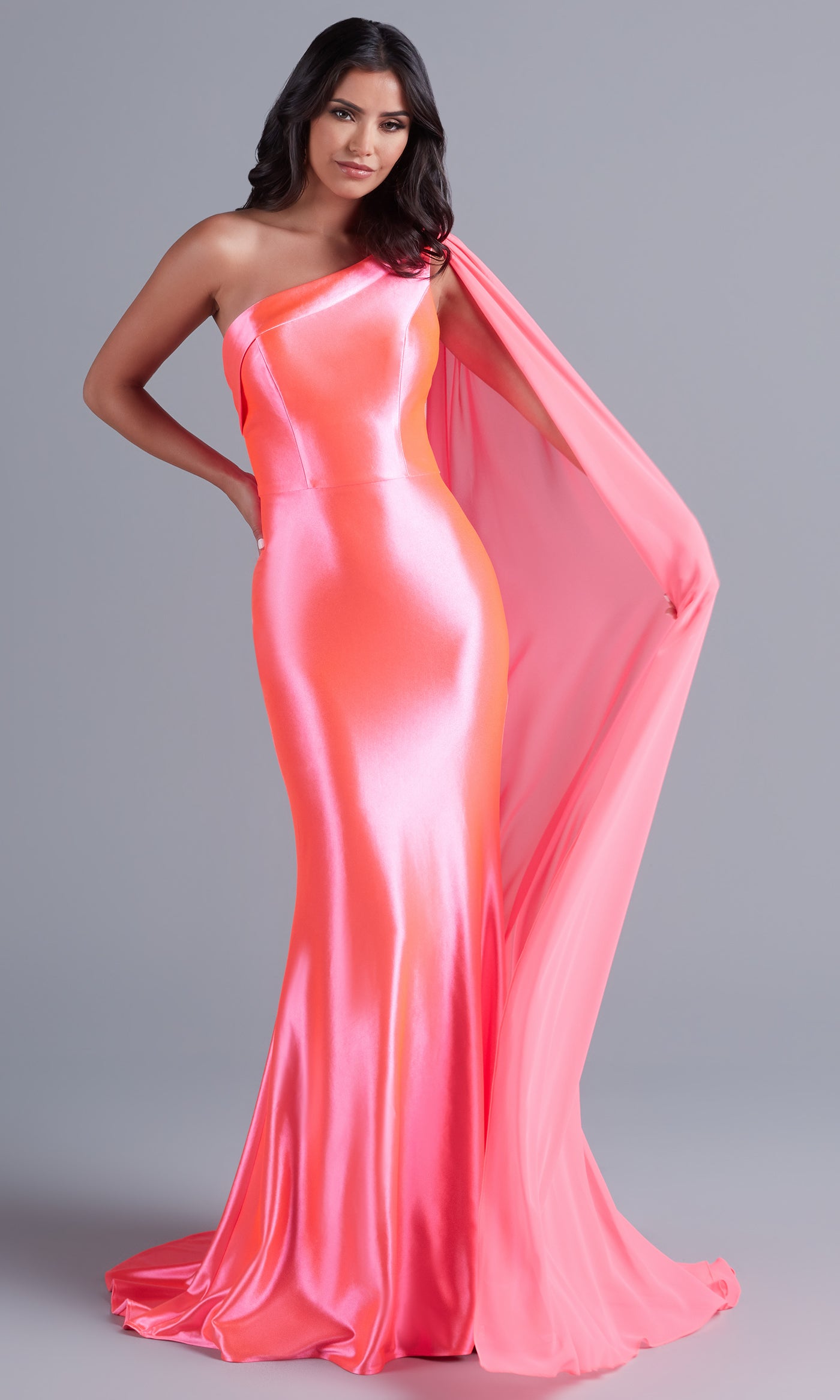  Neon Long Prom Dress with Detachable Cape