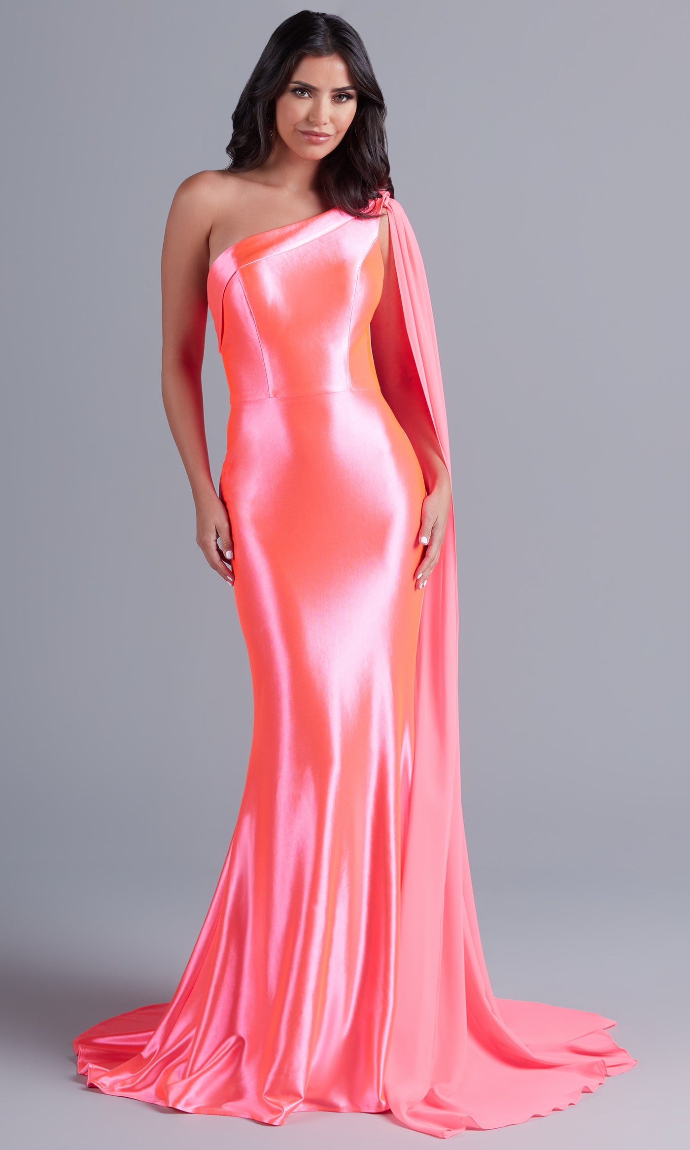 Hot Pink Neon Long Prom Dress with Detachable Cape