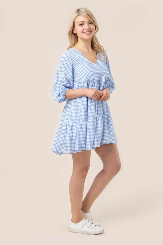  Sleeved Tiered Gingham Short Casual Swing Dress