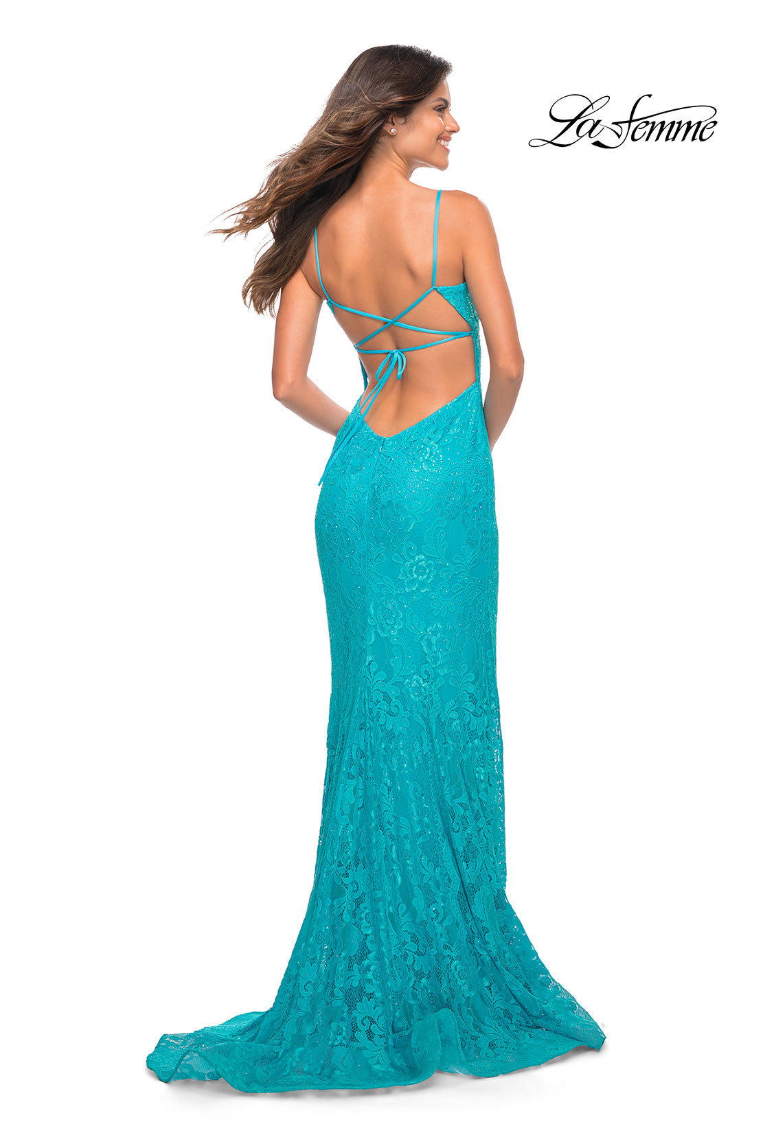 La Femme Strappy-Back Tight Long Lace Prom Dress Lavender / 2 La Femme Strappy-Back Tight Long Lace Prom Dress Lavender / 2